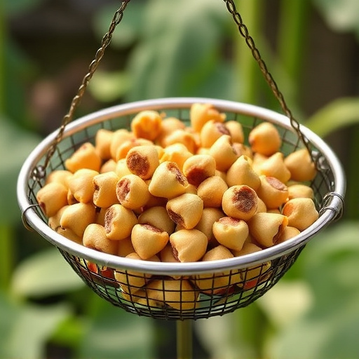 Clean sunflower hearts in metal mesh feeder
