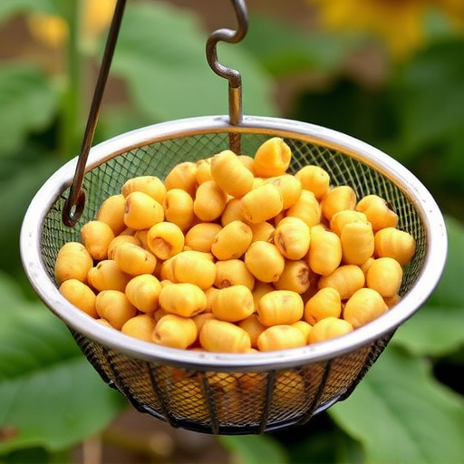 Clean sunflower hearts in metal mesh feeder