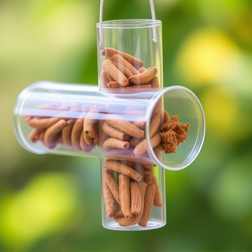Clear tube feeder filled with dried mealworms