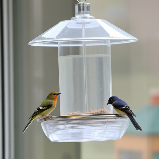 Clear window-mounted bird feeder with birds