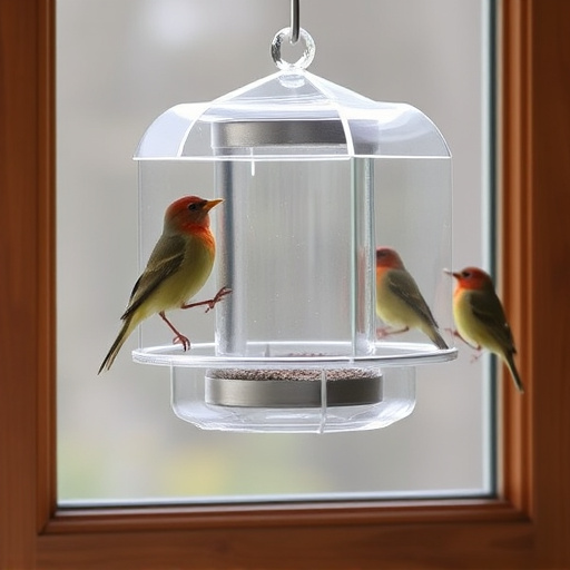 Clear window-mounted bird feeder with birds
