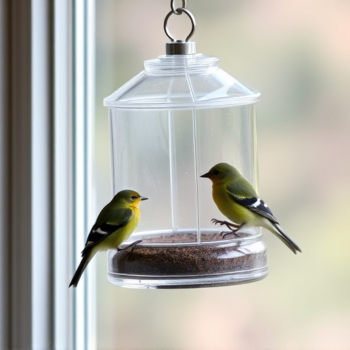 Clear window-mounted bird feeder with birds