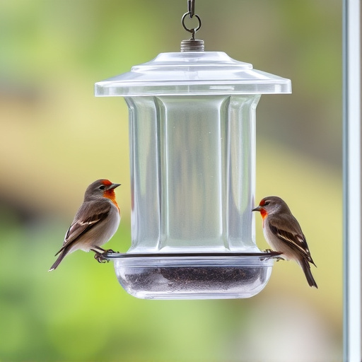 Clear window-mounted bird feeder with birds