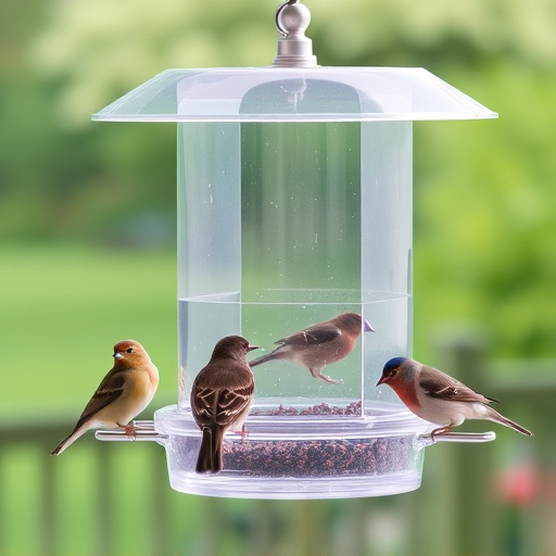 Clear window-mounted bird feeder with birds