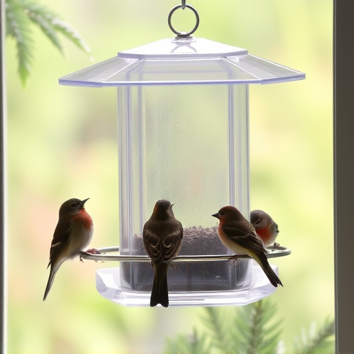 Clear window-mounted bird feeder with birds