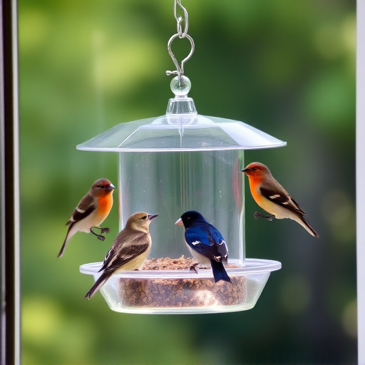 Clear window-mounted bird feeder with birds
