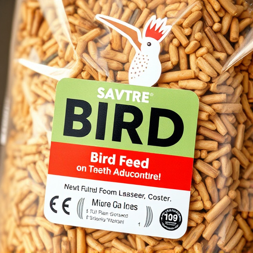Close-up of labelled bird feed packaging