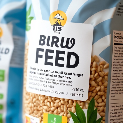 Close-up of labelled bird feed packaging