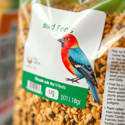 Close-up of labelled bird feed packaging