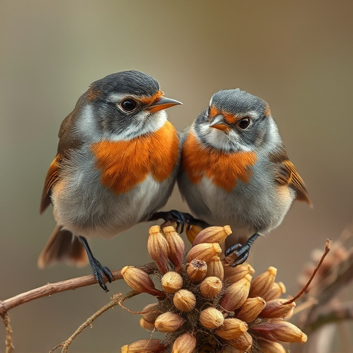 Close-up of seeds attracting small robins