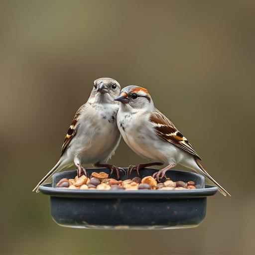 Close-up of sparrows at ground feeder