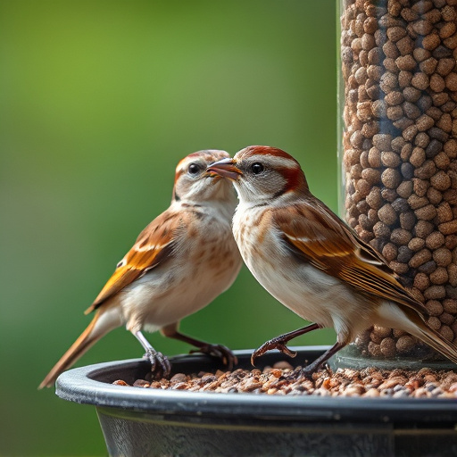 Close-up of sparrows at ground feeder