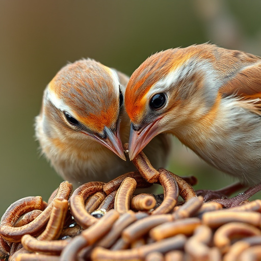 Close-up of wrens eating dried mealworms