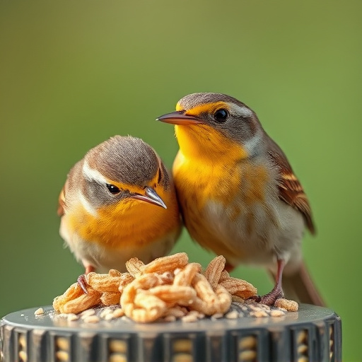 Close-up of wrens eating dried mealworms