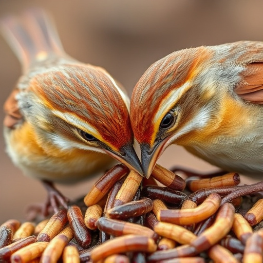 Close-up of wrens eating dried mealworms