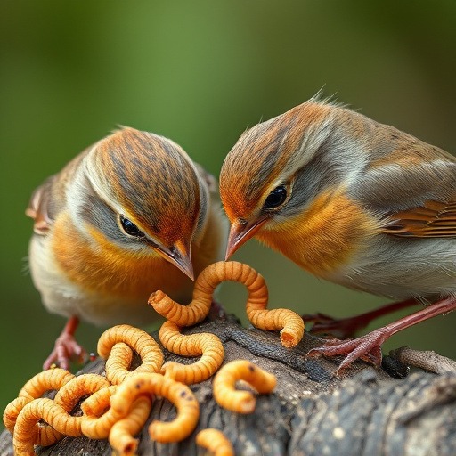 Close-up of wrens eating dried mealworms