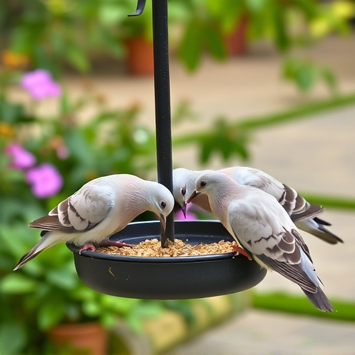Collared doves eating from patio ground feeder
