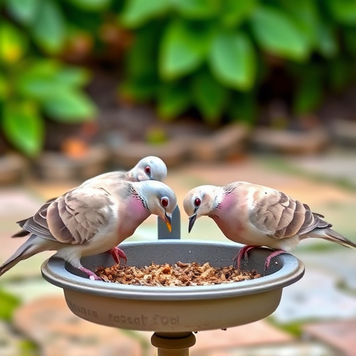 Collared doves eating from patio ground feeder