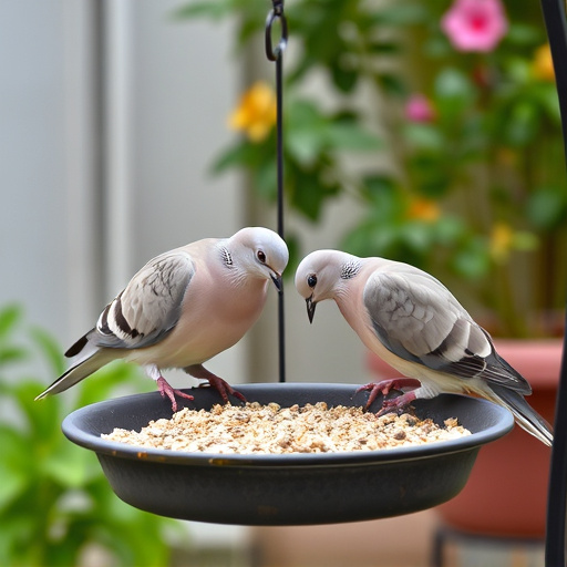 Collared doves eating from patio ground feeder