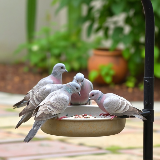 Collared doves eating from patio ground feeder