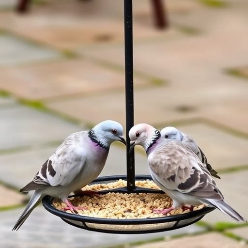 Collared doves eating from patio ground feeder