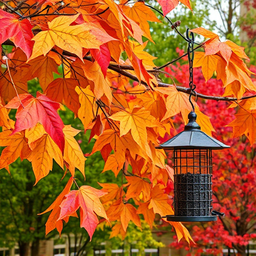 Colorful autumn leaves and feeders