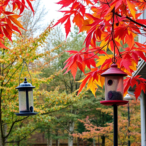 Colorful autumn leaves and feeders