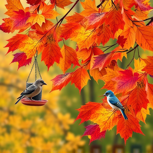 Colorful autumn leaves and feeders