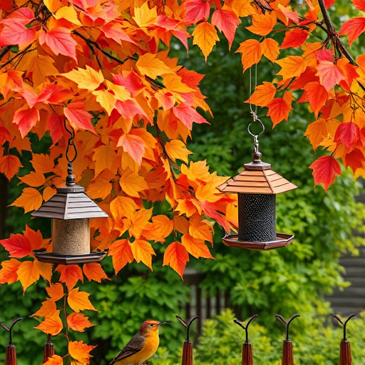 Colorful autumn leaves and feeders