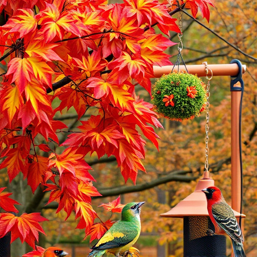 Colorful autumn leaves and feeders