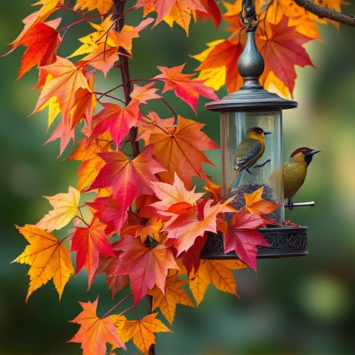 Colorful autumn leaves and feeders