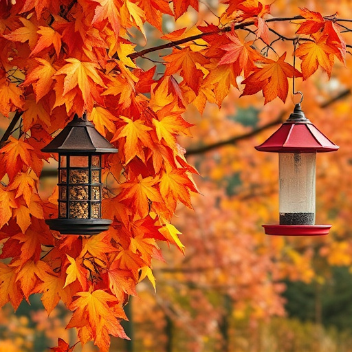 Colorful autumn leaves and feeders