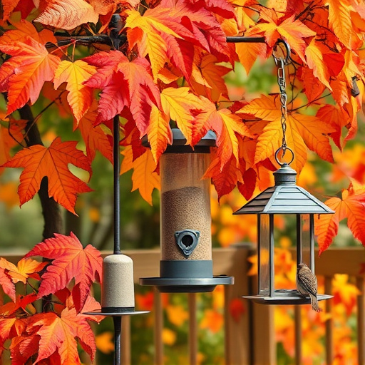 Colorful autumn leaves and feeders