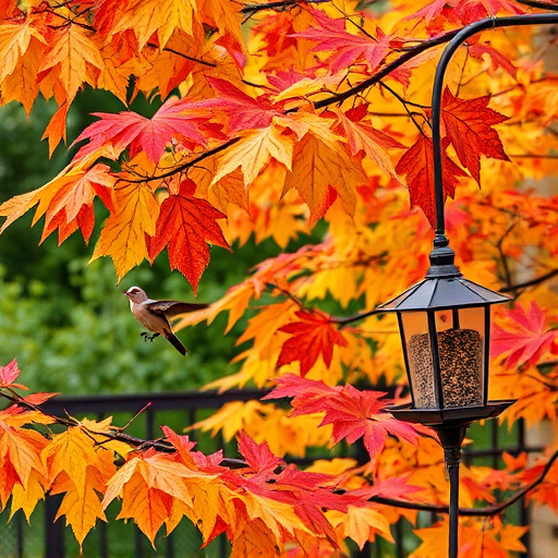Colorful autumn leaves and feeders