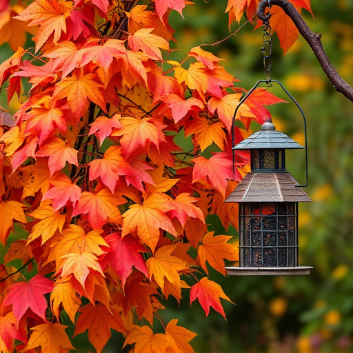Colorful autumn leaves and feeders