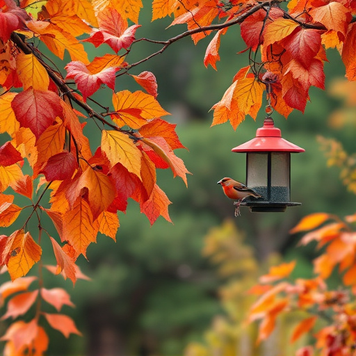 Colorful autumn leaves and feeders
