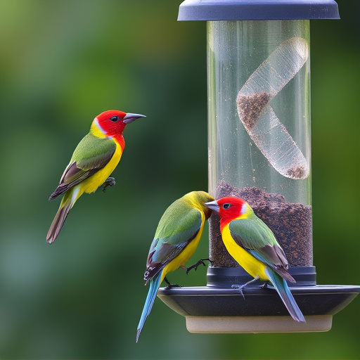Colorful birds on hanging feeders