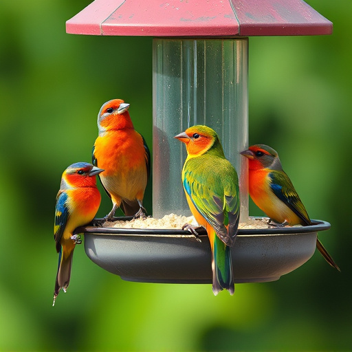 Colorful birds on hanging feeders