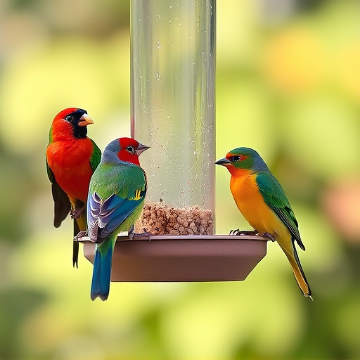 Colorful birds on hanging feeders