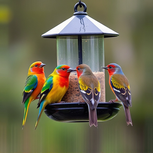 Colorful birds on hanging feeders