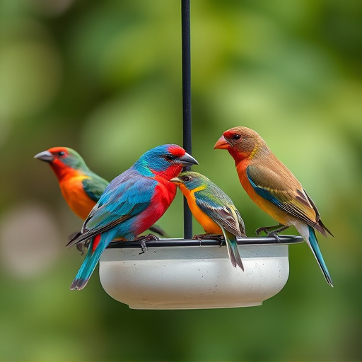 Colorful birds on hanging feeders