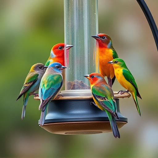 Colorful birds on hanging feeders