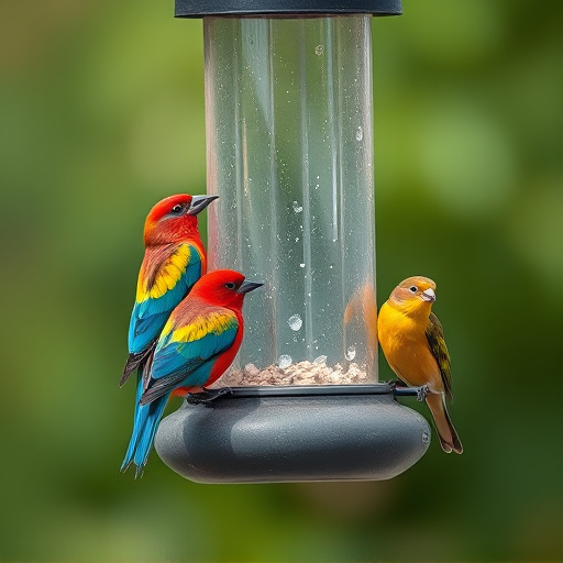 Colorful birds on hanging feeders