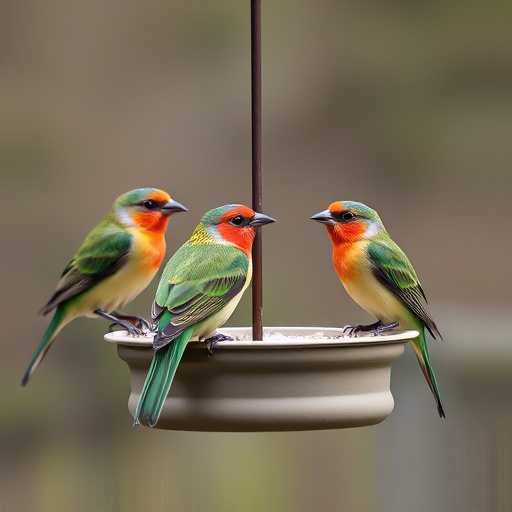 Colorful birds on hanging feeders