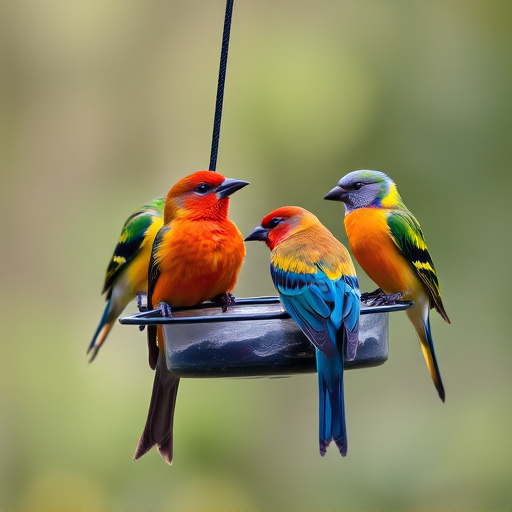 Colorful birds on hanging feeders