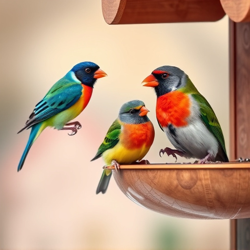 Colorful birds on hanging feeders