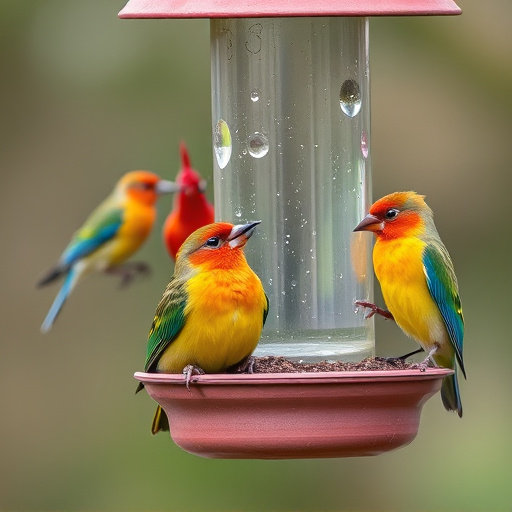 Colorful birds on hanging feeders