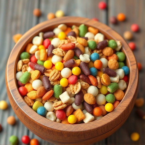 Colourful bird food mix in wooden bowl