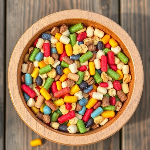 Colourful bird food mix in wooden bowl