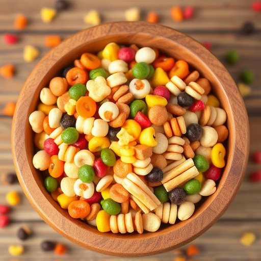 Colourful bird food mix in wooden bowl